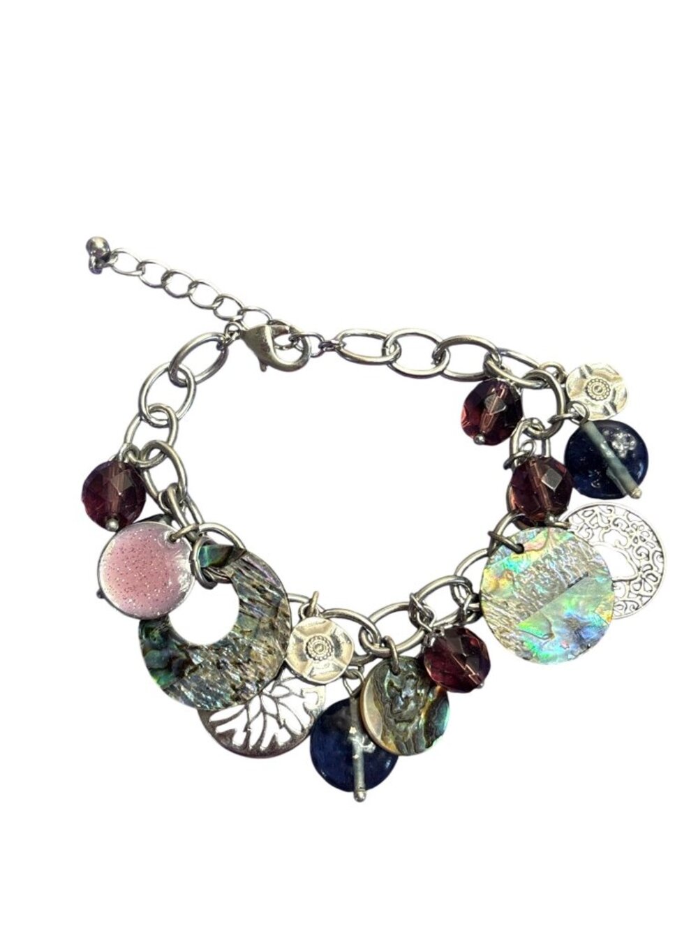 Silvertone Chain Beaded Charm Bracelet Abalone Shell Purple Blue Glass